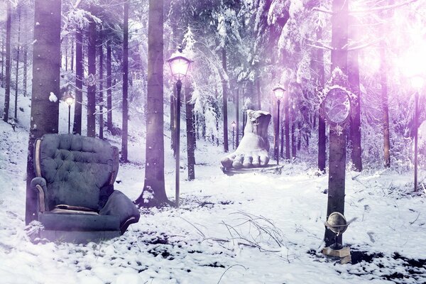 A lonely armchair in the winter forest