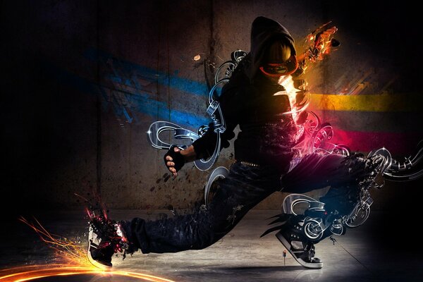 A hooded man performing a dance
