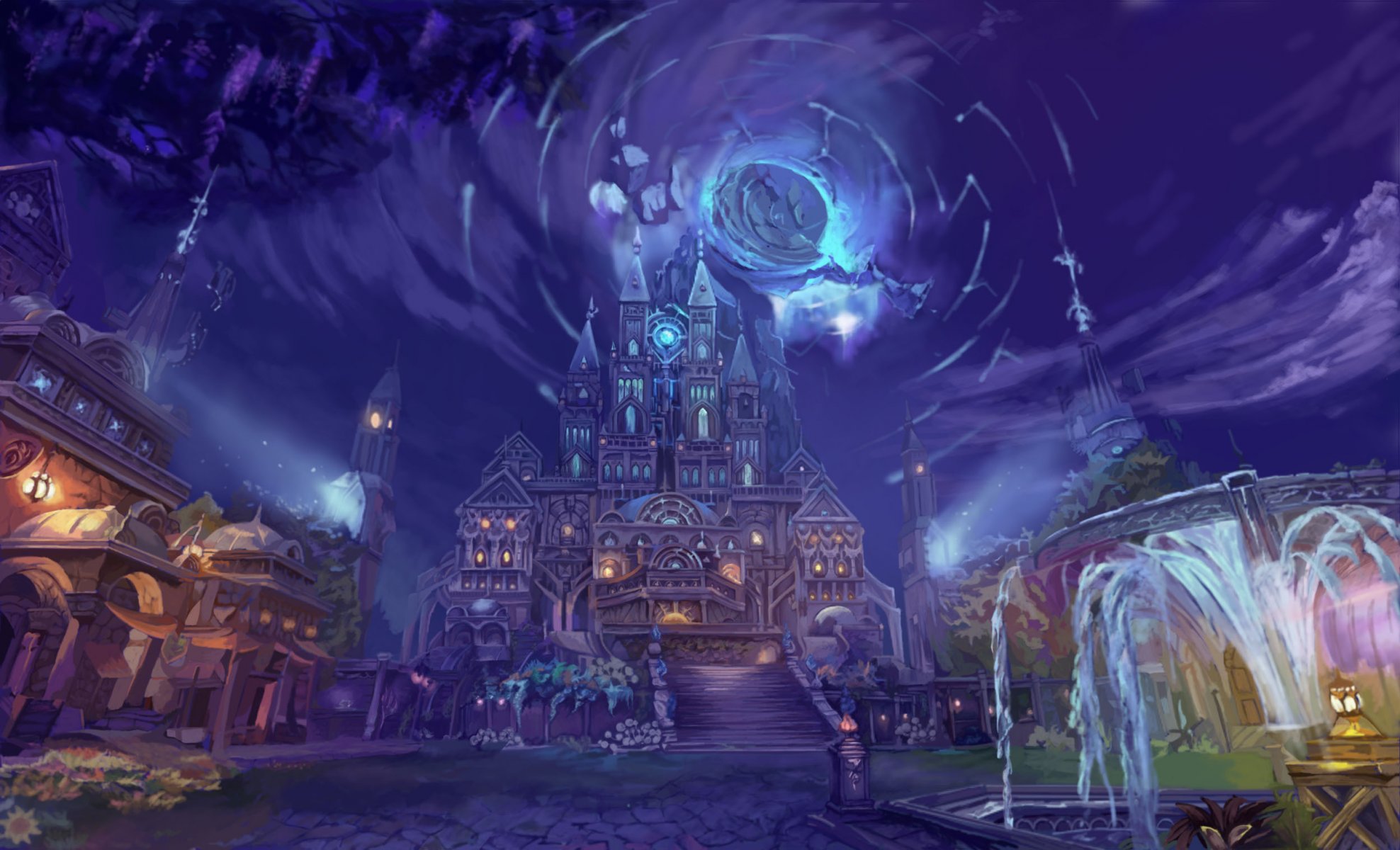 fiction art art fountain water city houses lanterns light night sky