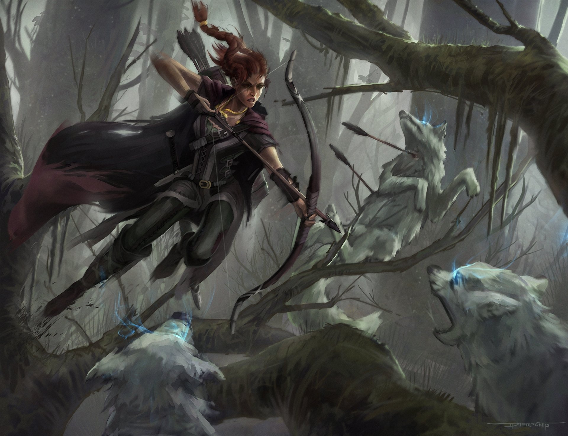 art girl archer wolves boom forest battle jump