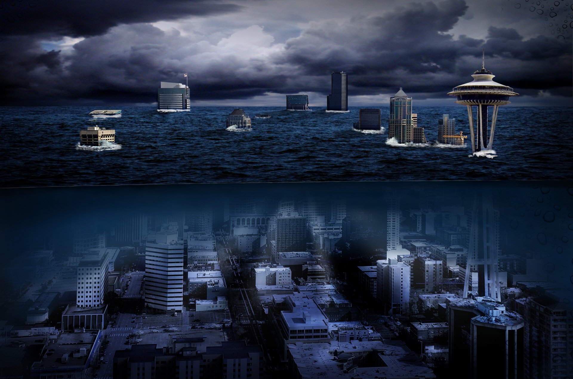 by water seattle washington usa city night space needle tower sea seattle space needle space needle underwater city