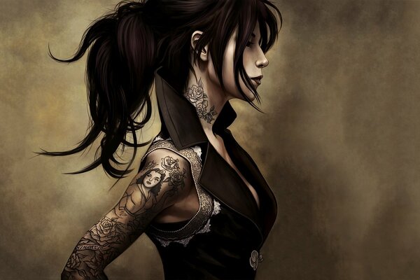 A brunette with a tattoo and a fashionable hairstyle