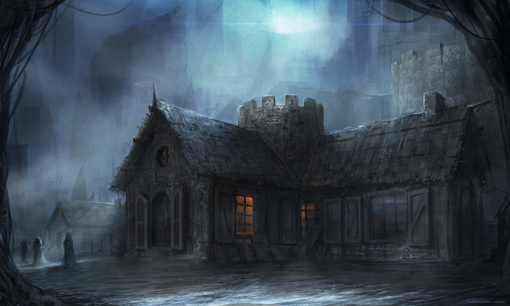 art cloudminedesign town building darkly night