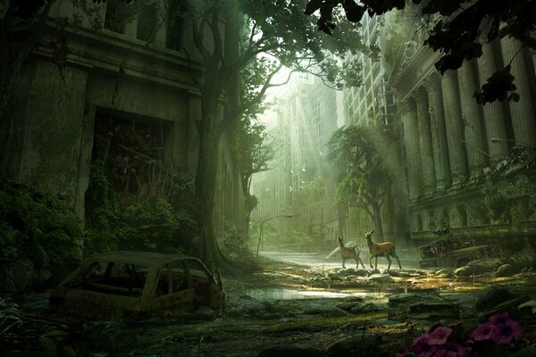 Abandoned overgrown city with deer