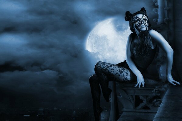 Art Cat Girl in mask in Fishnet tights