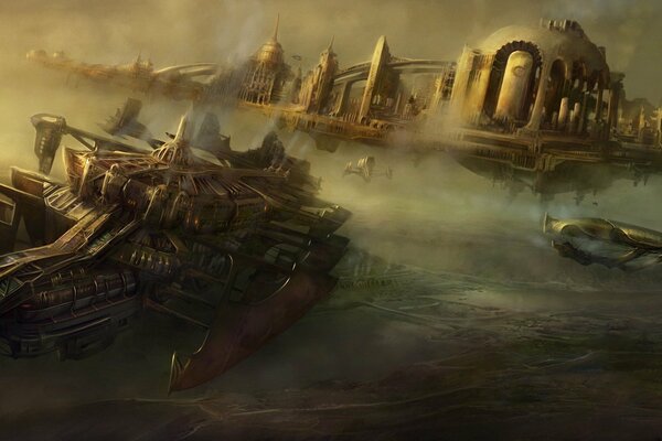 Transport city with spaceships