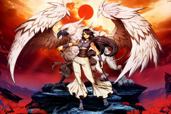 A girl and a bird defend themselves with a sword
