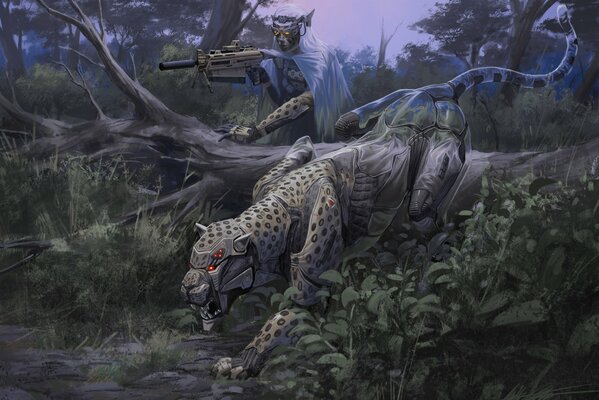 A robot and a wild cat disguise themselves in the forest