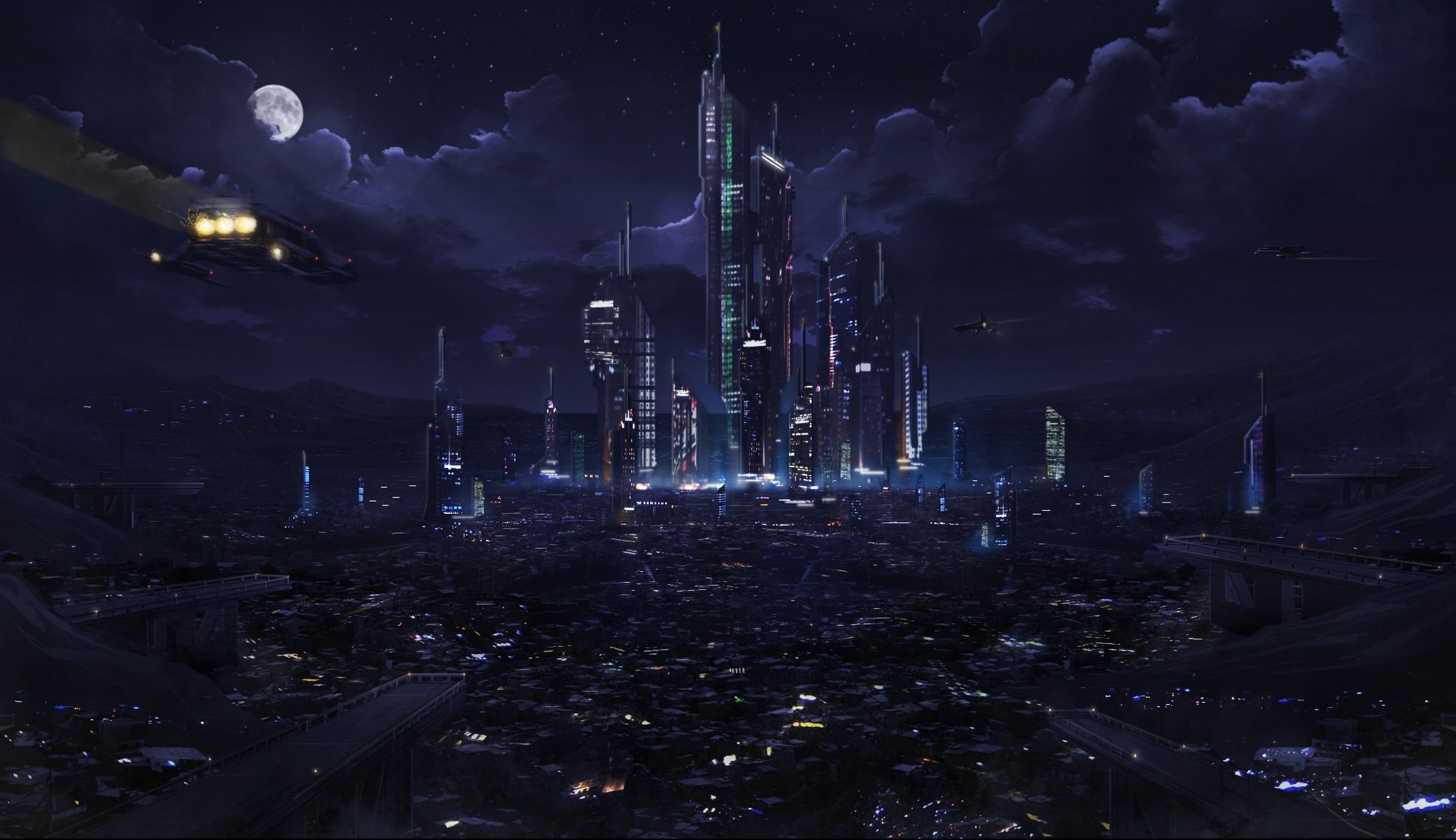 plaza ken lebras astrokevin fantasy city lights future spaceships night sky clouds moon town fiction spacecraft night sky