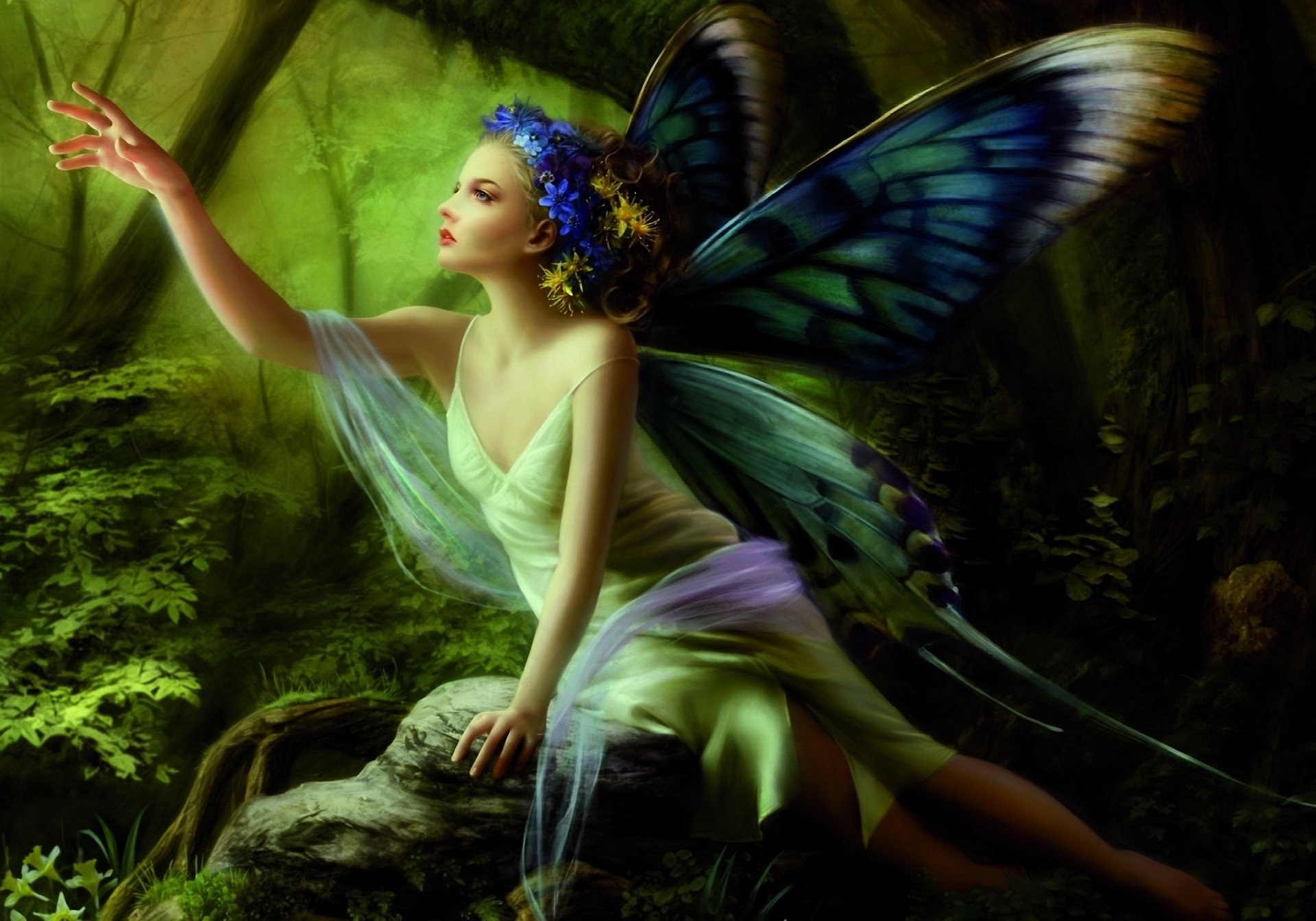 girl fairy wings butterfly forest stone sitting hand wreath flower