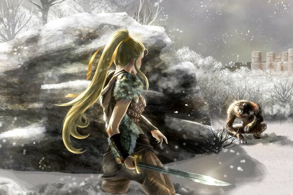 The girl with the sword and the monster (lycanthrope)