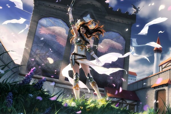 The girl in the white dress raised her sword to the sky