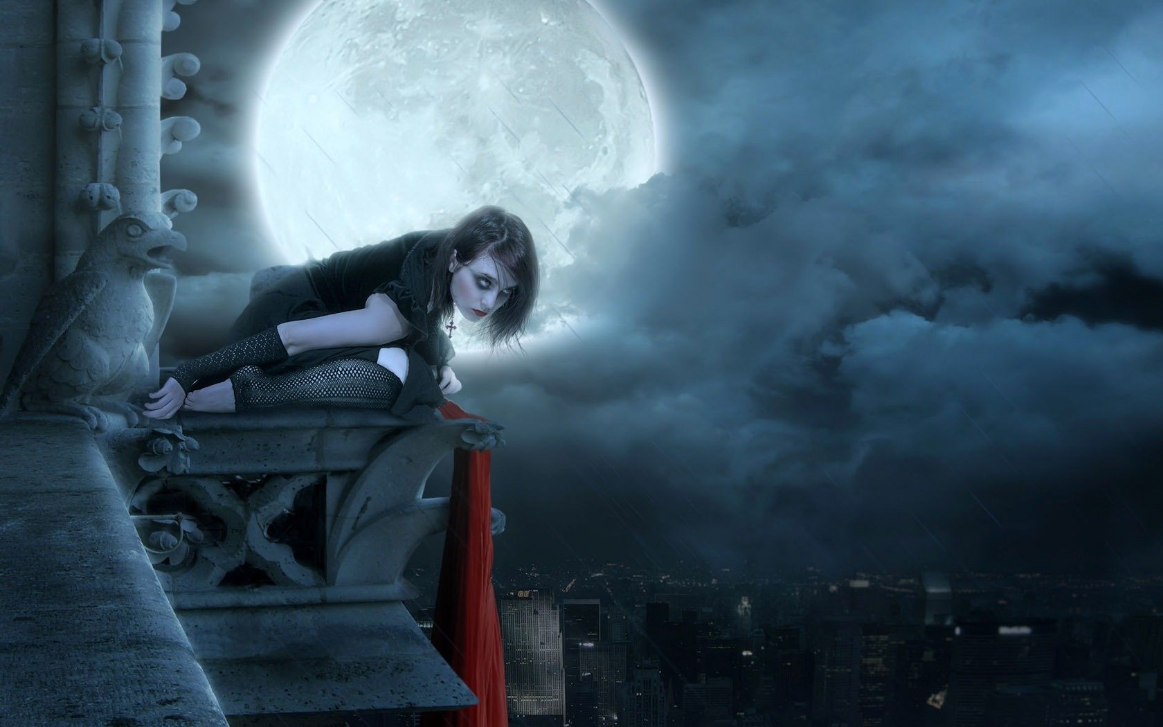 moon town rain roof girl