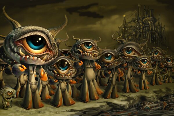 Creatures with a large eye and sinuous horns