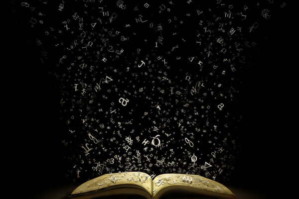 An open book with mysterious letters hovering over it on a dark background
