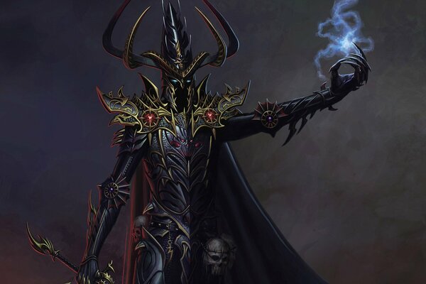 A warrior in beautiful armor holds lightning bolts in his hands on a black background