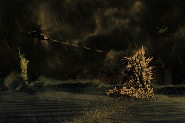 Night shooting at godzilla from a helicopter