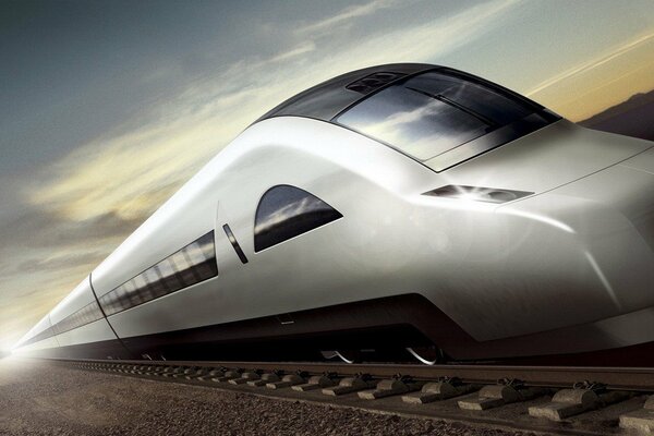 A high-speed train travels by rail