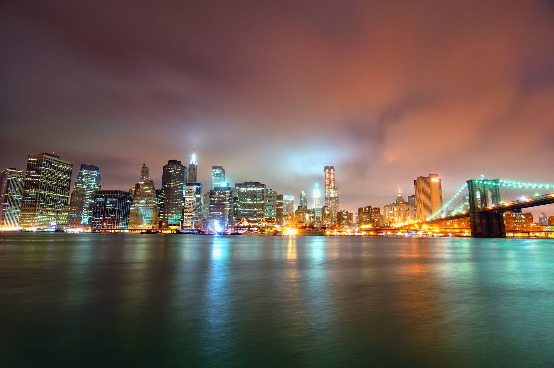 manhattan night brooklyn bridge park new york skyscrapers light
