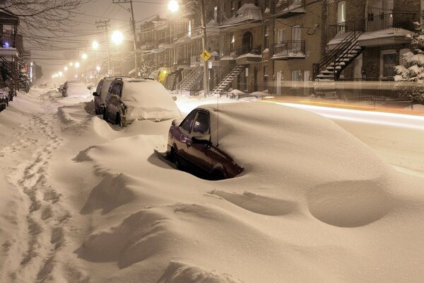Cars under the snow beautiful night