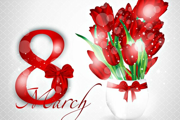 A white pot with red tulips in it and the number 8 to the left of the flowers