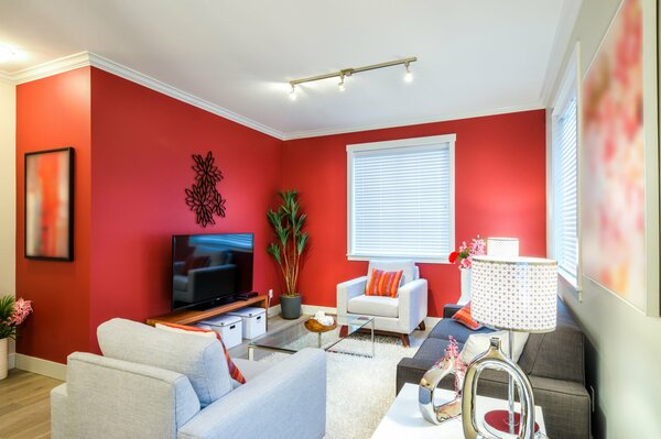 The interior of the living room in red colors photo