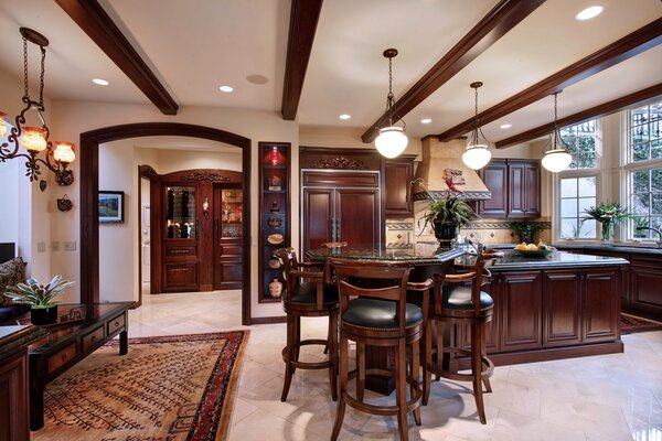 The interior of the kitchen-dining room in beautiful and calm colors