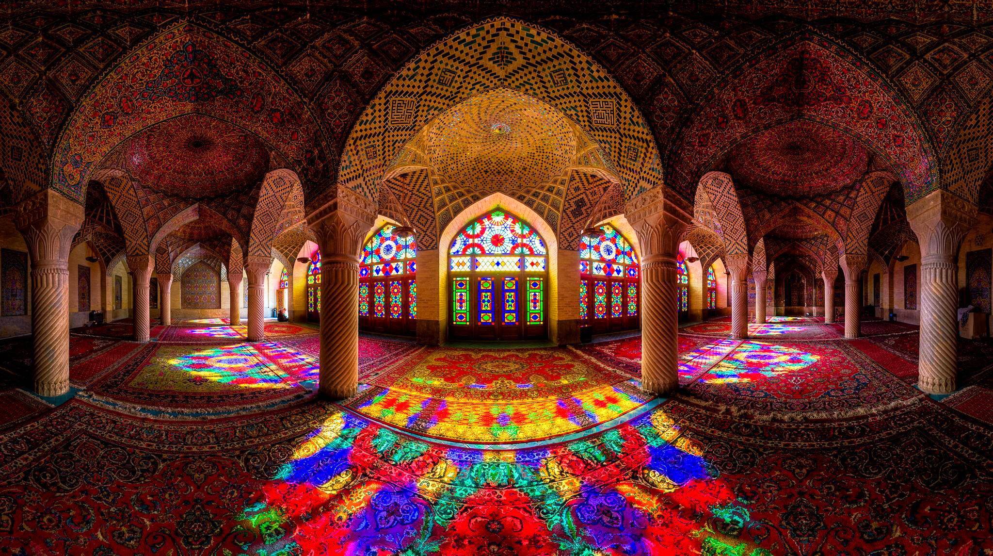 hall column carpet stained glass pattern flowers light