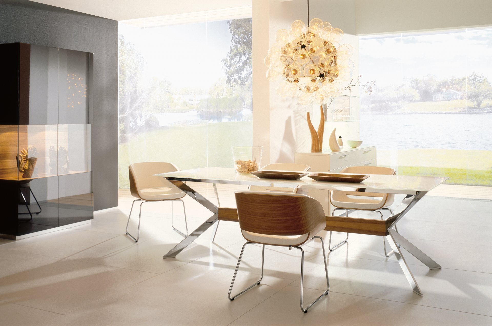 interior furniture table chairs chandelier bulbs window
