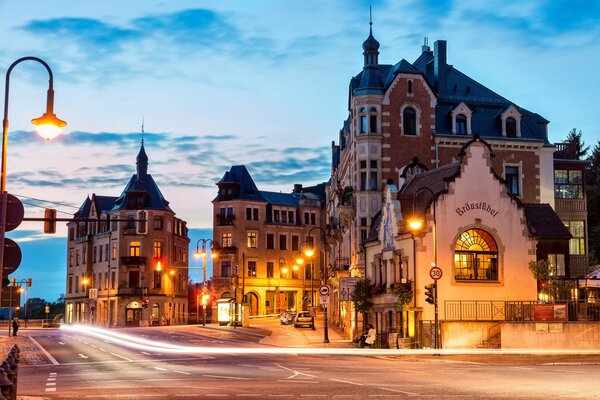 Evening street of Germany with lanterns