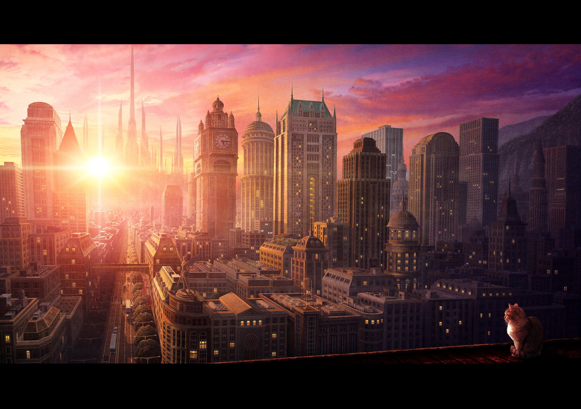 clock city sunset cat cat kote metropolis spire spires windows light street roof roof