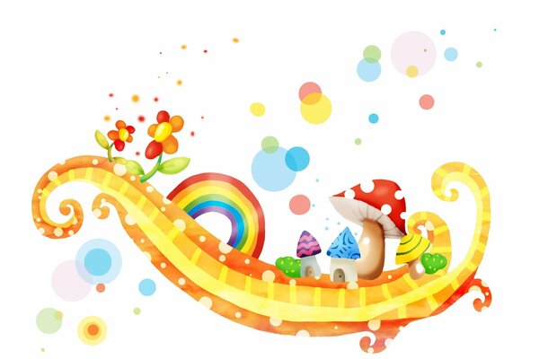 Children s drawing with rainbow and mushrooms