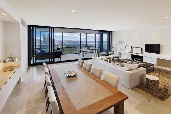 Apartment with table and sofa