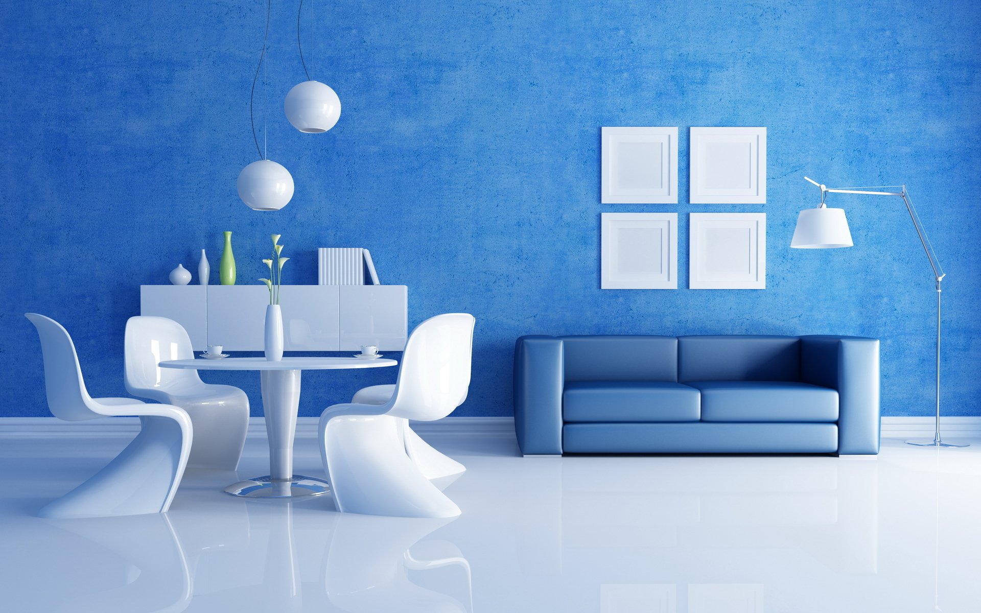 ofa interior table chairs vase room blue