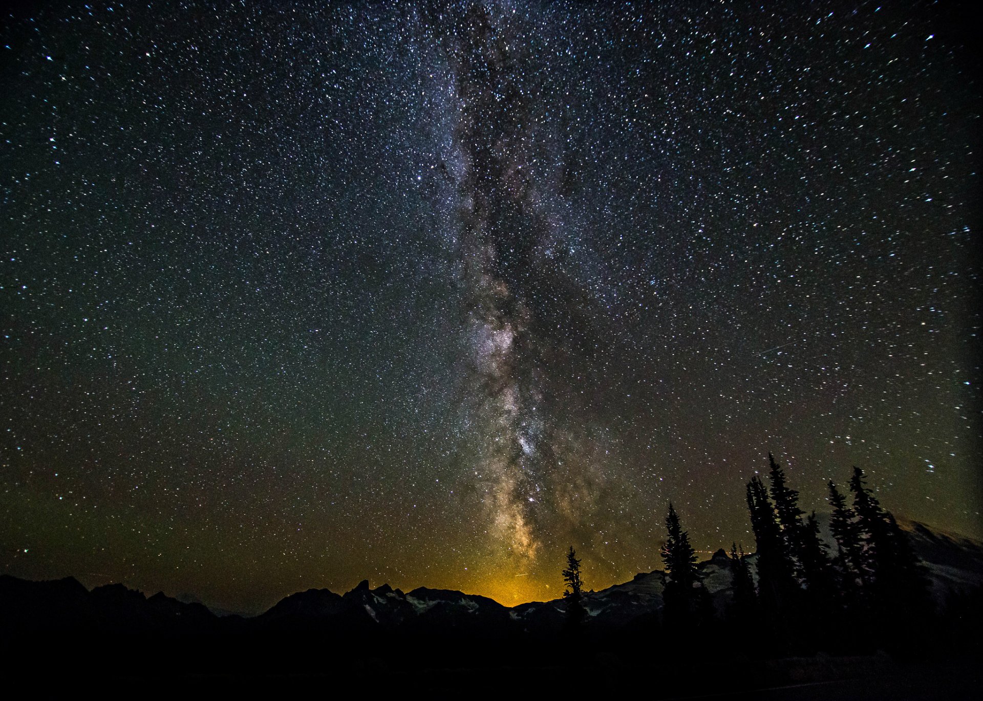 cosmos stars night space milky way trees forest mountain