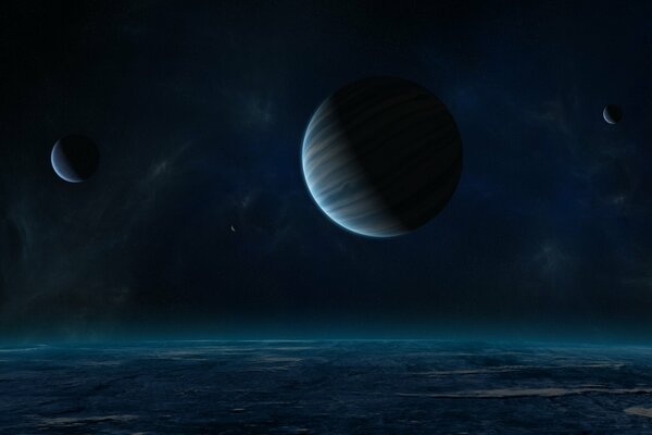 A planet with a satellite in night space