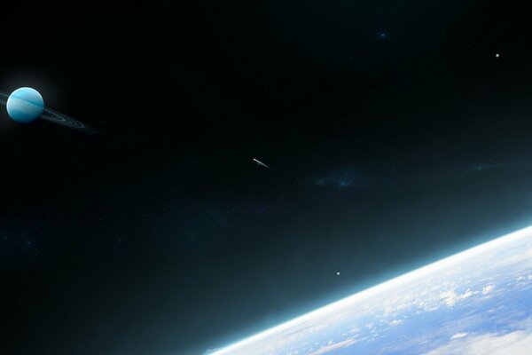 A planet with rings on the background of the earth. View from space
