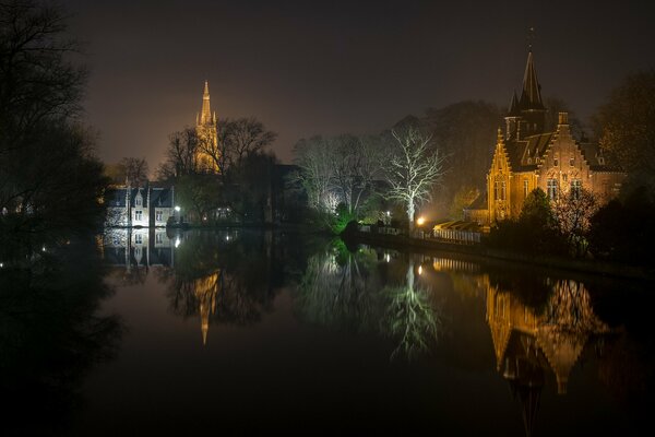 The night Belgian city of Bruges, illuminated by lanterns