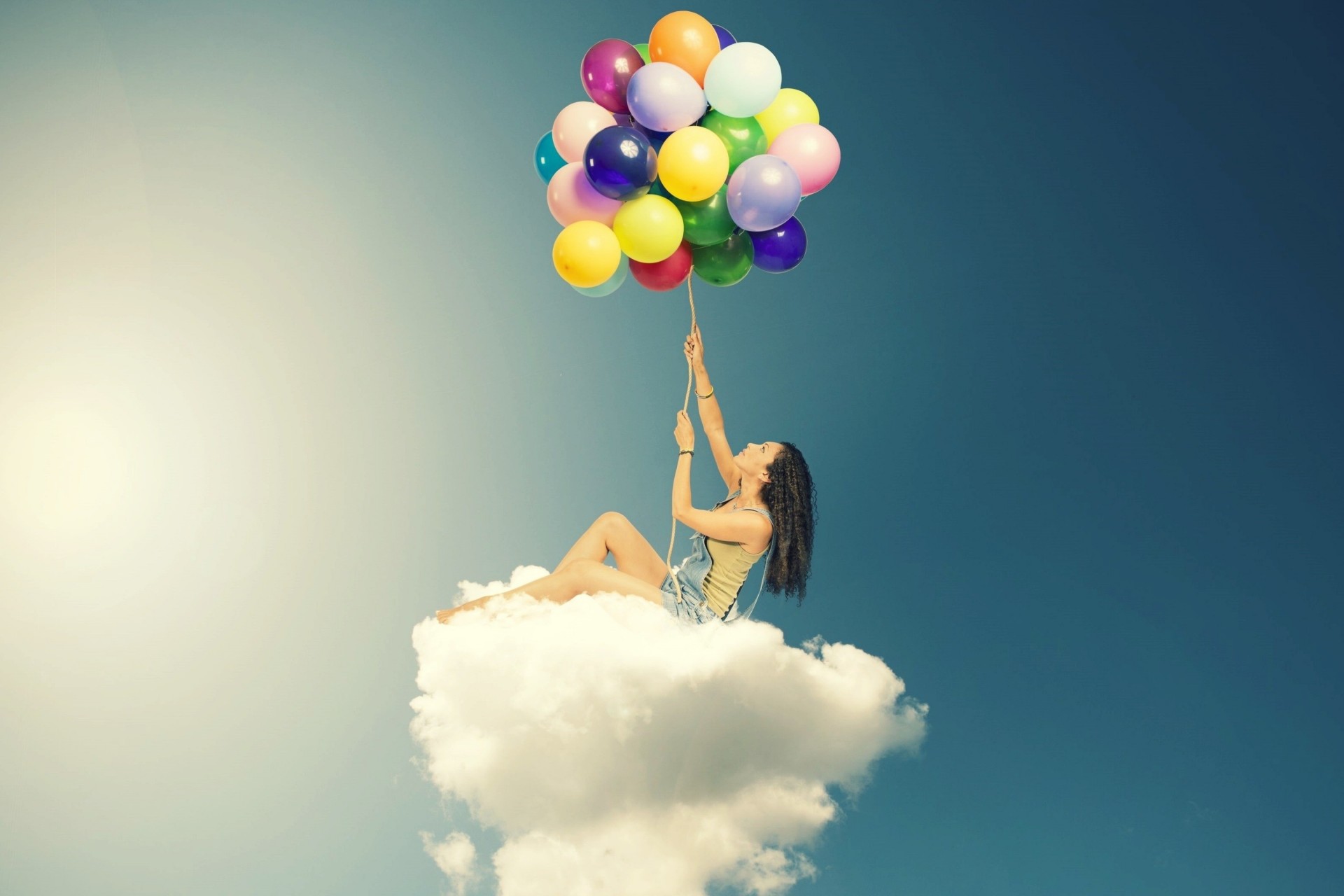 widescreen balloons girl cloud mood sky background full screen wallpaper clouds a woman balls flower