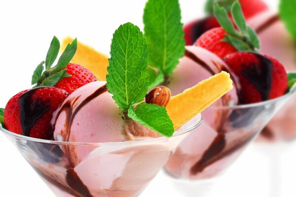 Dessert ice cream with strawberries and mint