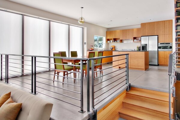 Interior of the combined dining room with kitchen