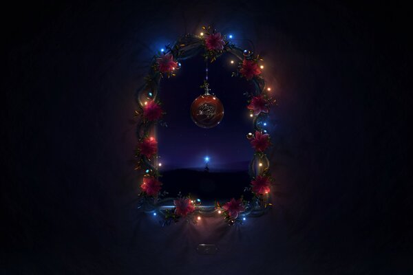 Window decorated with Christmas flowers and garlands