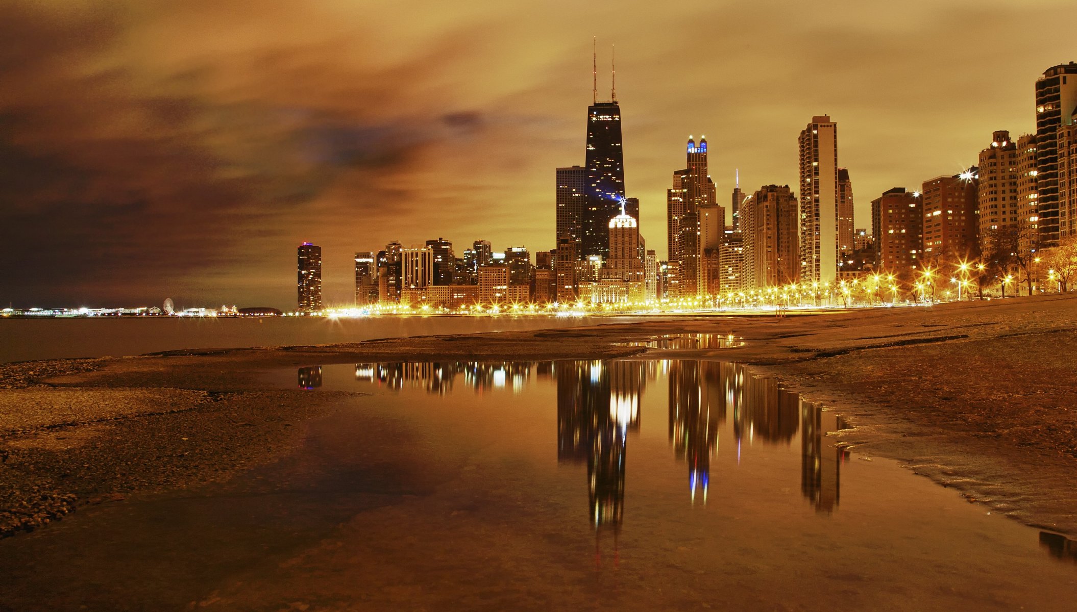 town chicago night lights lake