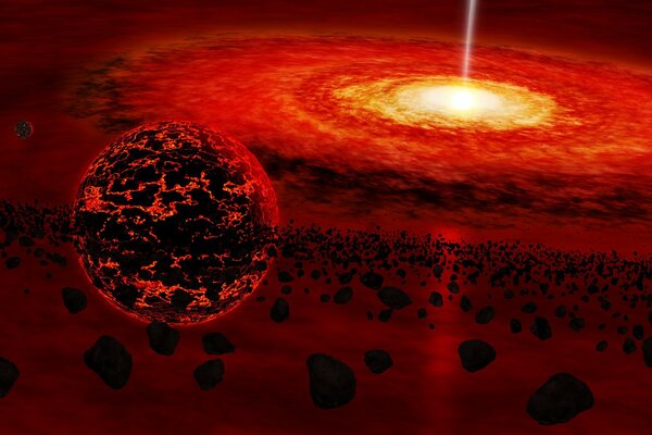 A planet and fragments of stones on the background of a fireball