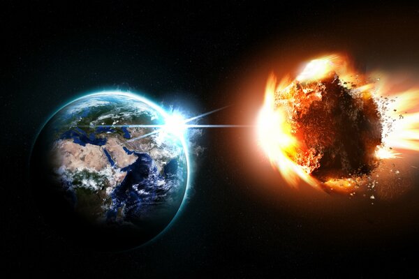 An asteroid engulfed in flames is flying towards the Earth
