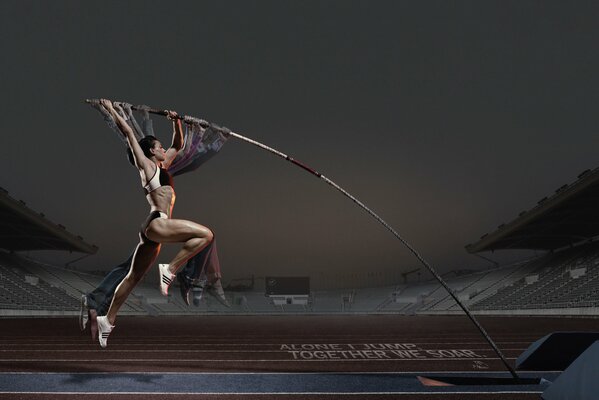 A young athlete jumps with a pole