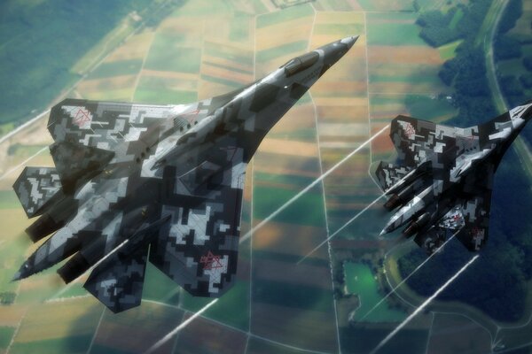 Two Russian fighter jets are flying over the ground