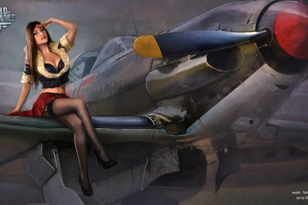 Girl in stockings on the wing of a world warplanes plane