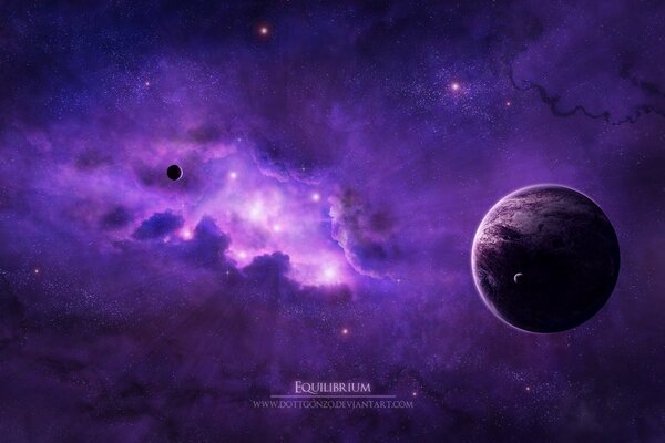 Beautiful stars and planets on a purple background
