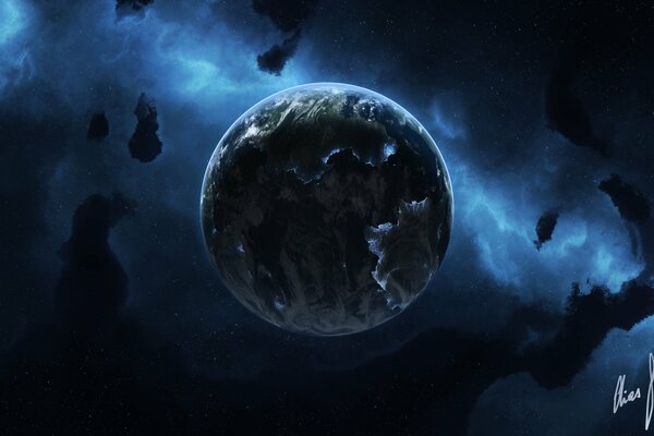 A lonely planet in a blue cosmic nebula
